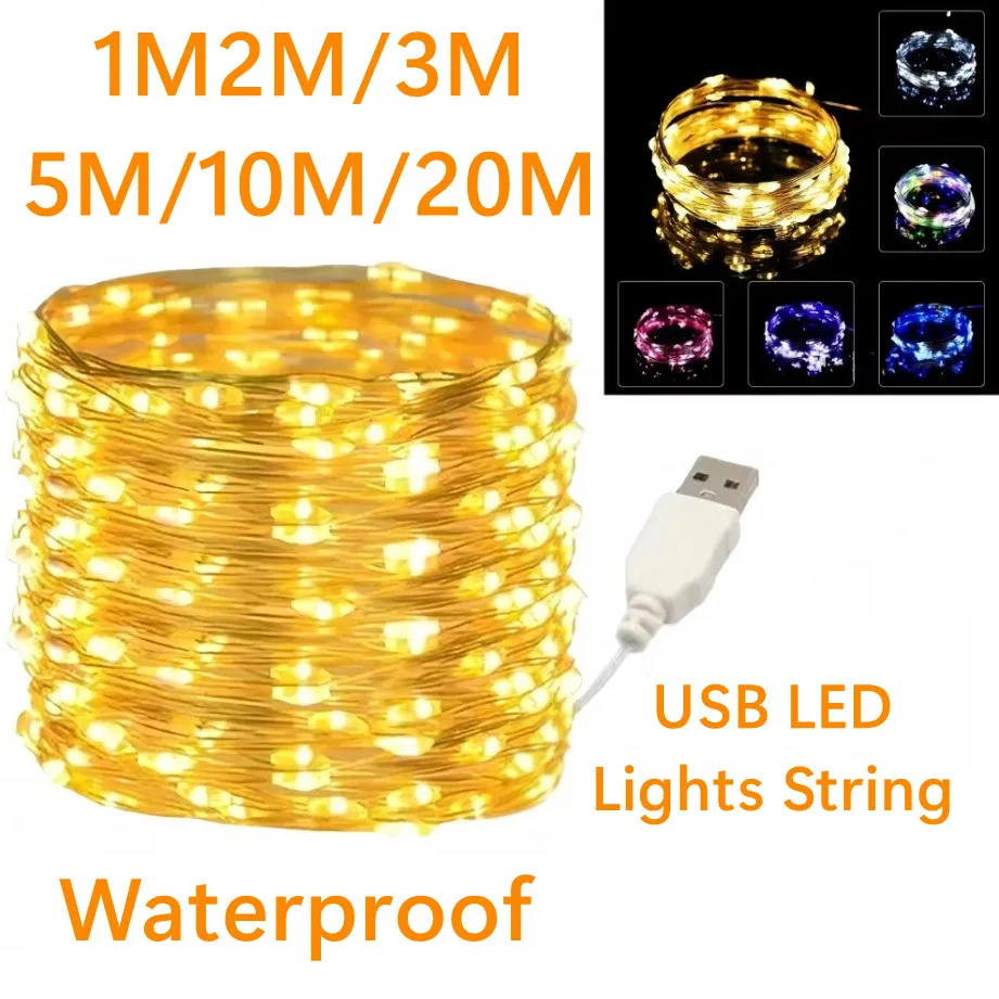 Guirnalda de luces LED de 1-20M, resistente al agua, USB, alambre de cobre y plata, guirnalda de luces de hadas, decoración para fiesta de boda y Navidad