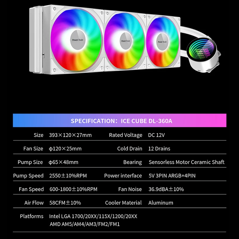 Power train Ice Cube DL-360 water-cooled CPU radiator ARGB Integrated water cooling computer fan Supports Intel/AMD