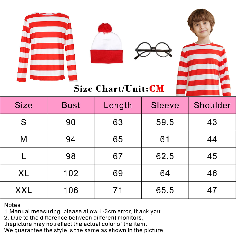 Clássico wheres waldo vermelho branco listrado camisa para homem wally óculos redondos e chapéu conjunto traje unisex halloween cosplay outfit