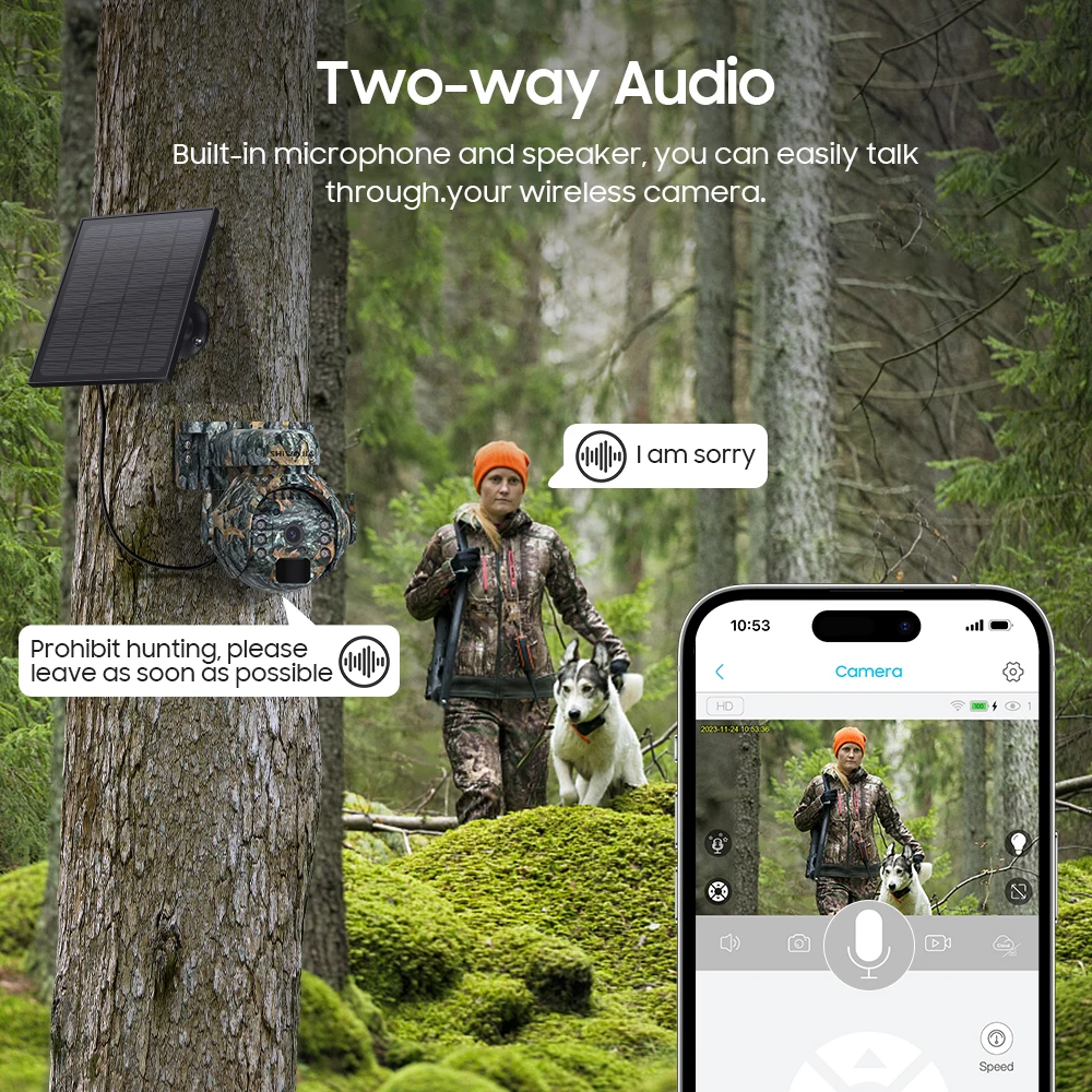 SHIWOJIA 5MP 4G Cámaras solares 4G Sim/WIFI Inalámbrico Al aire libre 360 °   Ver monitoreo animal Cámara PTZ con batería solar en color camuflaje