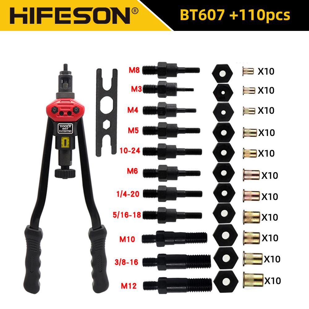 BT-607 Handschroefdraad Klinknagel Moeren Gereedschap Klinkhamer Met 110 Stuks Klinknagel Moeren M3 M4 M5 M6 M8 M10 M12 1/4 10-24 5/16 3/8 Klinknagel Gereedschap