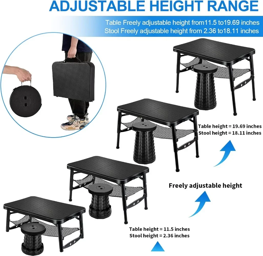 Retractable Folding Table and Stool Set, Portable Camping Foldable Table Lightweight Yet More Sturdy with Adjustable Stool