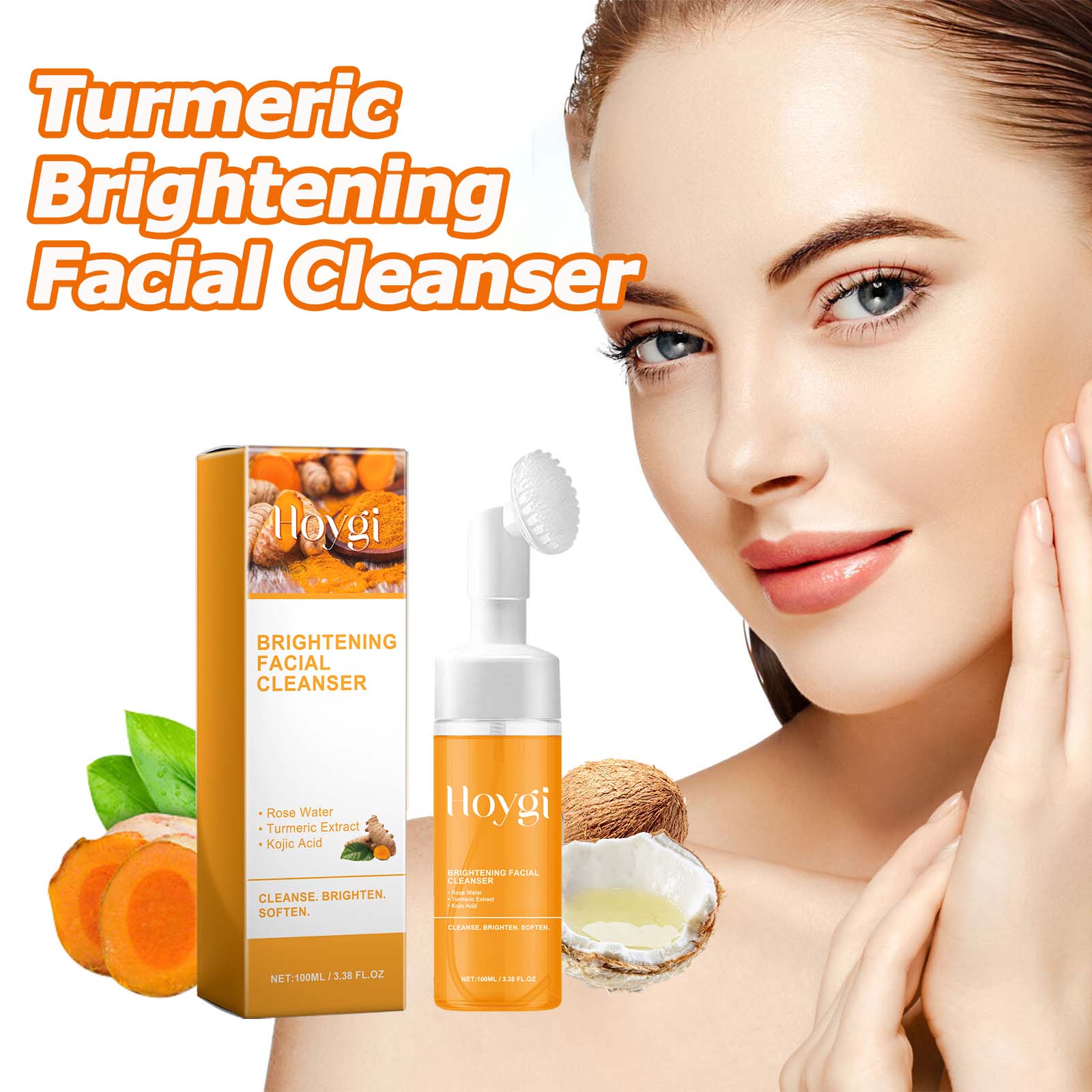 Limpador de cúrcuma, limpeza profunda, ácido kójico, removedor de cravo, limpeza da pele, controle de óleo, desbotamento, marcas de acne, brilho, espuma de limpeza