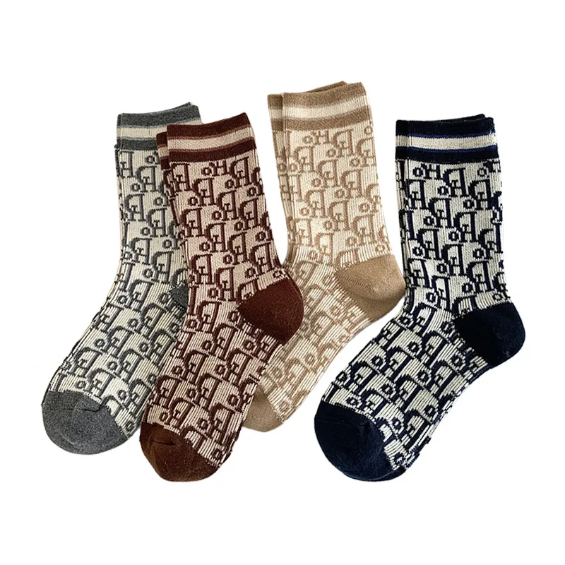 1 par de calcetines cálidos de lana para otoño e invierno, calcetines de tubo medio de Color sólido con patrón de letras de estilo francés para mujer, transpirables, venta al por mayor 2024