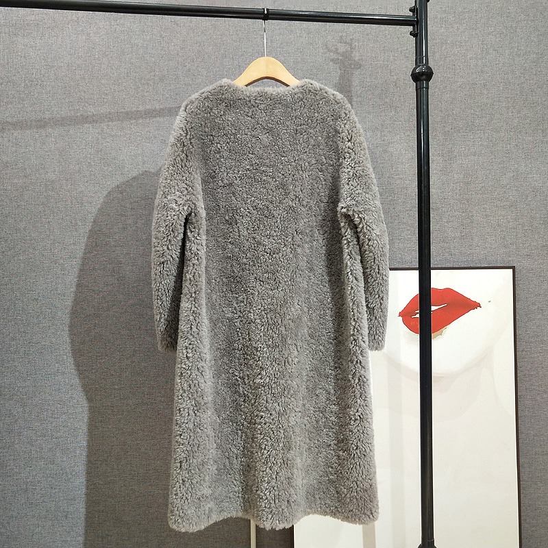 Lady Long 100% Lamb Fur Coat Double-breasted Sheep Shearling Warm Jacket  Female Round Neck Parka PT401