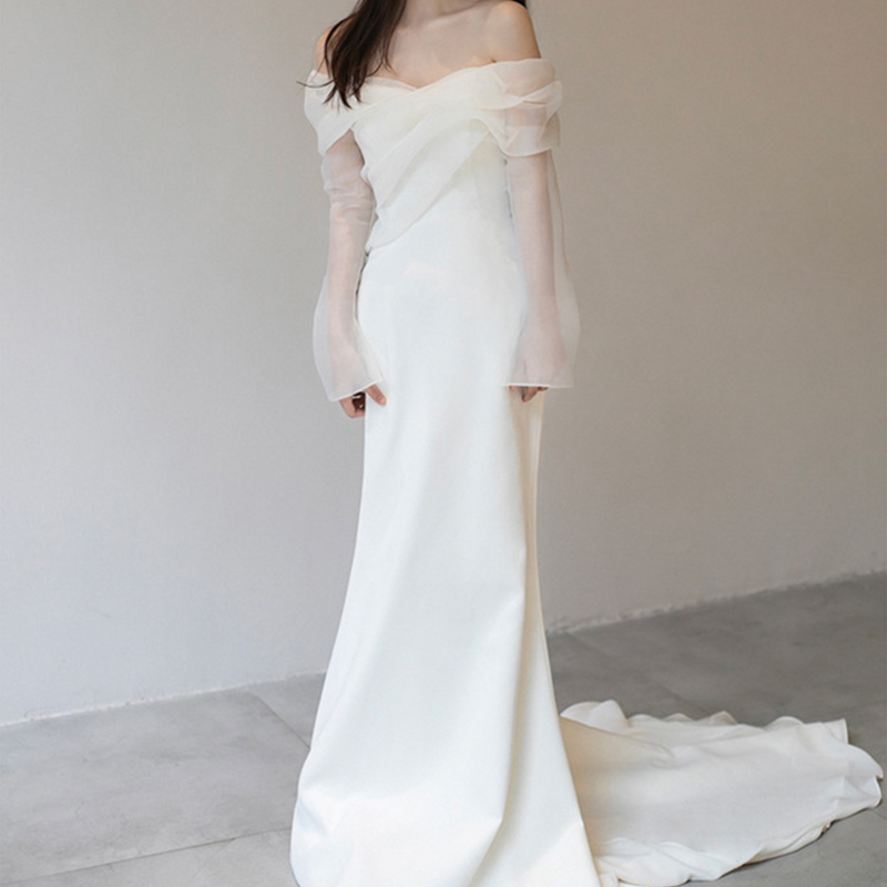 GIYSILE Vestido de noiva leve de cetim com um ombro, corte simples e fino, doce, manga comprida, vestido de noite de noiva