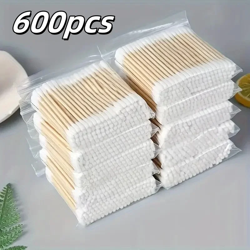 600pcs Double-Headed Swabs, Unscented, Made of Bamboo, for Gentle Ear Cleaning and Makeup