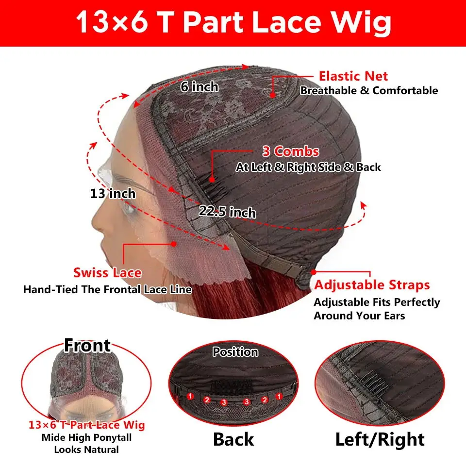 Lekker สั้นตรง Bob 13x1 T ลูกไม้ด้านหน้า 100% ผมมนุษย์ Wigs สําหรับผู้หญิงบราซิล Remy ผม 99j Burgundy สีแดงสี Bob วิกผม