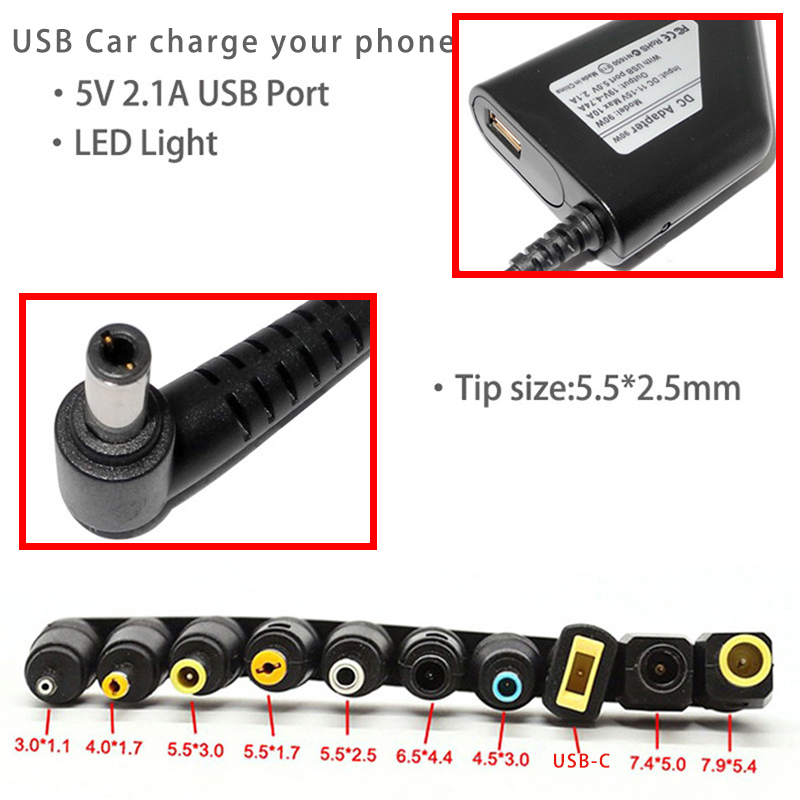 車の充電器19V 4.74A 90W ユニバーサルラップトップ電源アダプタ充電器 Lenovo Asus Acer Dell HP Samsung Toshiba 用 10 コネクタ付き