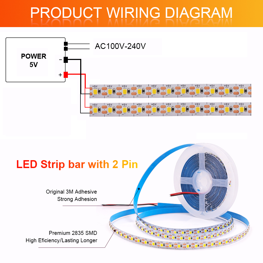 3 ミリメートル 5 ミリメートル 8 ミリメートル幅 DC 5V LED ストリップ 2835 120LEDs/m 1 LED あたりカット柔軟なテープ IP20 防水なしウォームナチュラルクールホワイト 1 メートル 2 メートル 5 メートル