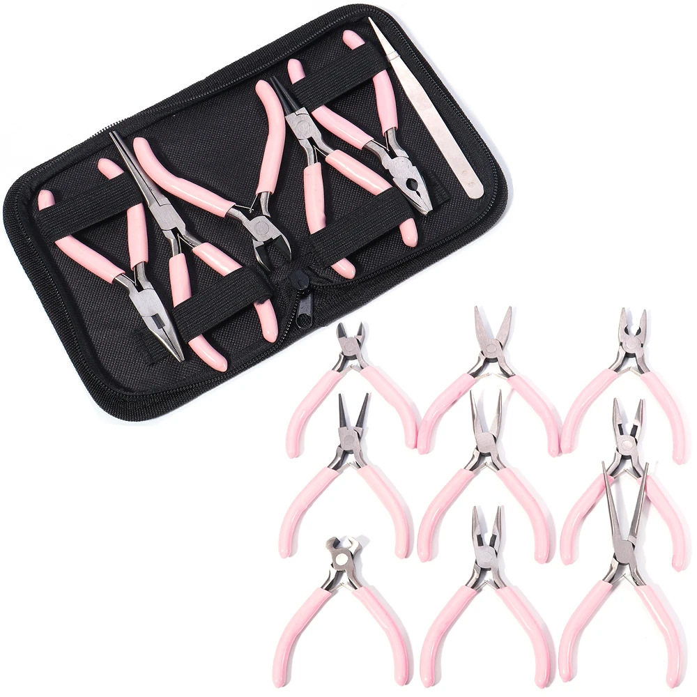 แบบพกพาสีชมพูสแตนเลสคีมชุดเครื่องมือรอบจมูกตัดลวด Plier Kit สําหรับ Handcraft ประดับด้วยลูกปัด DIY เครื่องประดับทํา