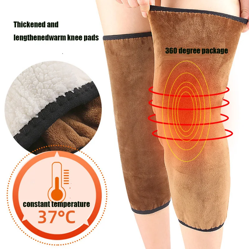 1 par de joelheiras quentes de inverno para mulheres e idosos, suporte para artrite de perna fria de inverno, protetor de joelho com zíper de bolo de lã de rong