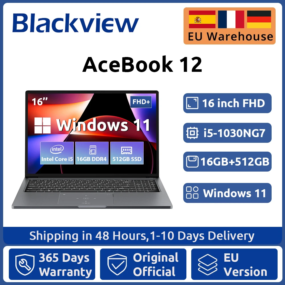 Blackview AceBook 12 Win 11 Laptop 16'' FHD IPS, notebook Intel I5-1030NG7, 16 GB di RAM 512 GB SSD, pulsante di accensione per impronte digitali 2 in 1