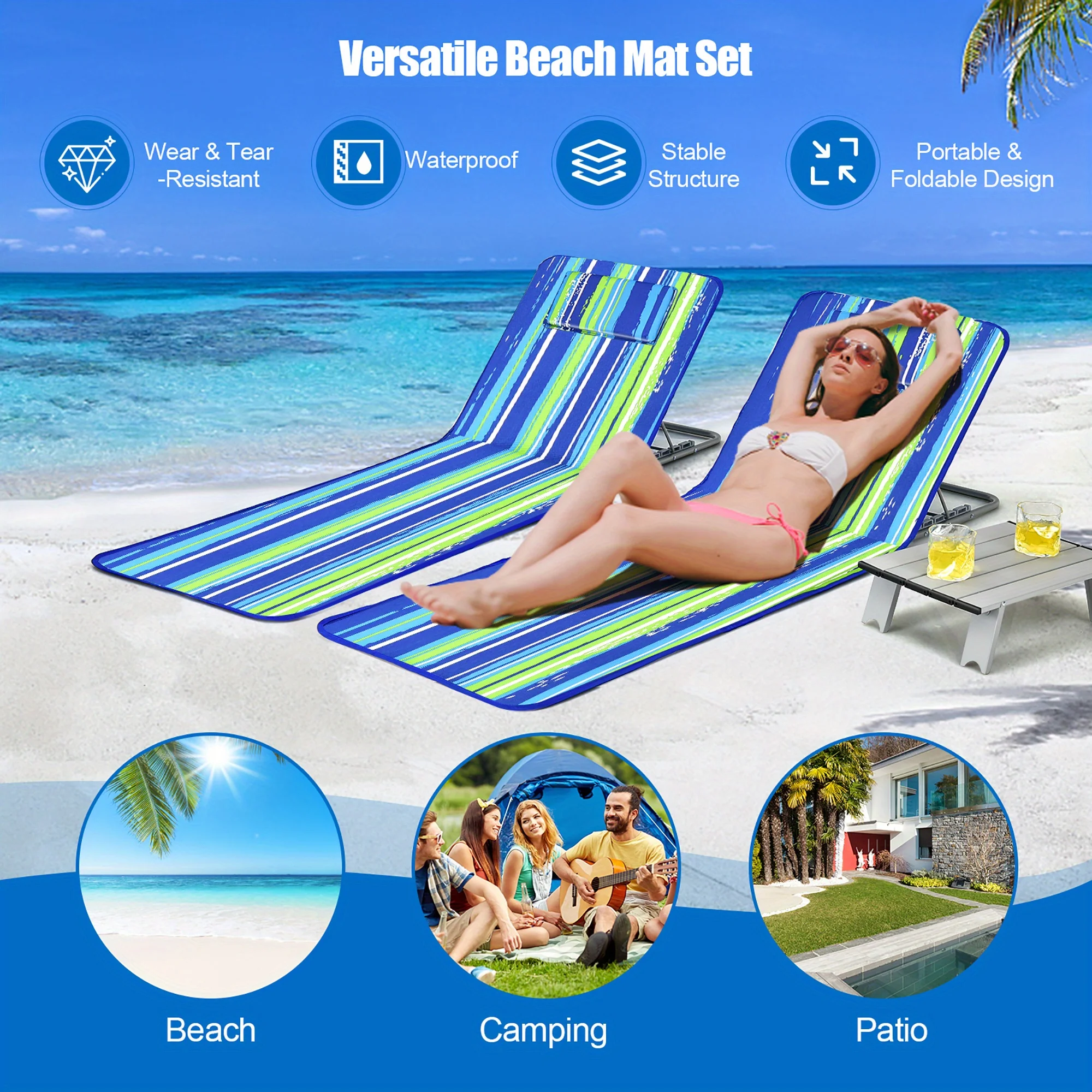 Ajustável Lounge Chair Mat Set, Estilo listrado para relaxamento final, Cadeiras com Sunbathing Table