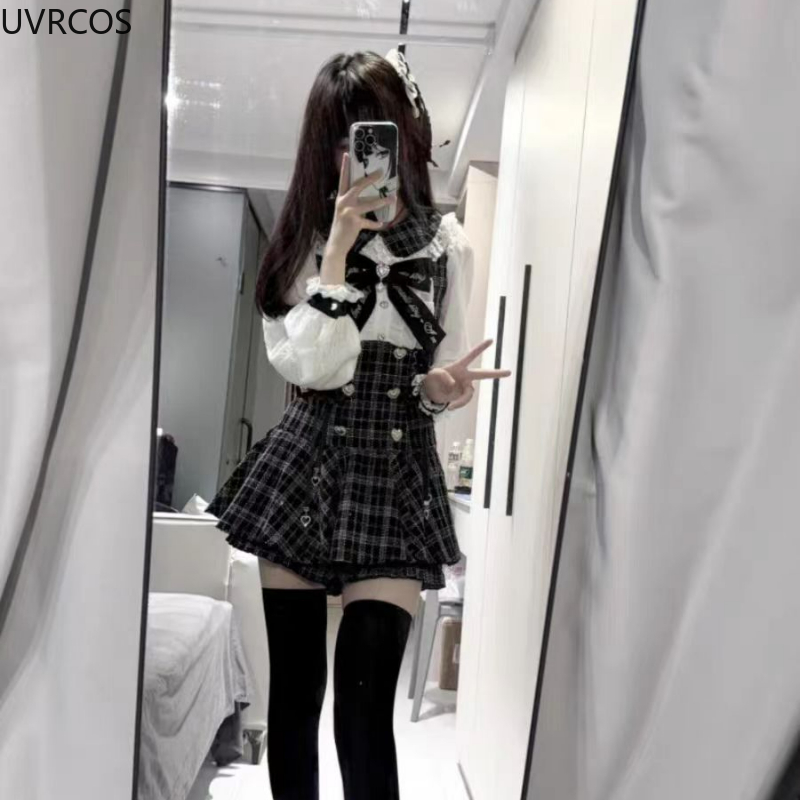 日本のゴシックスタイルのラインストーンリボンドレスショーツセット女性甘い長袖スリムチェック柄シャツドレスかわいいロリータ Y2k 衣装