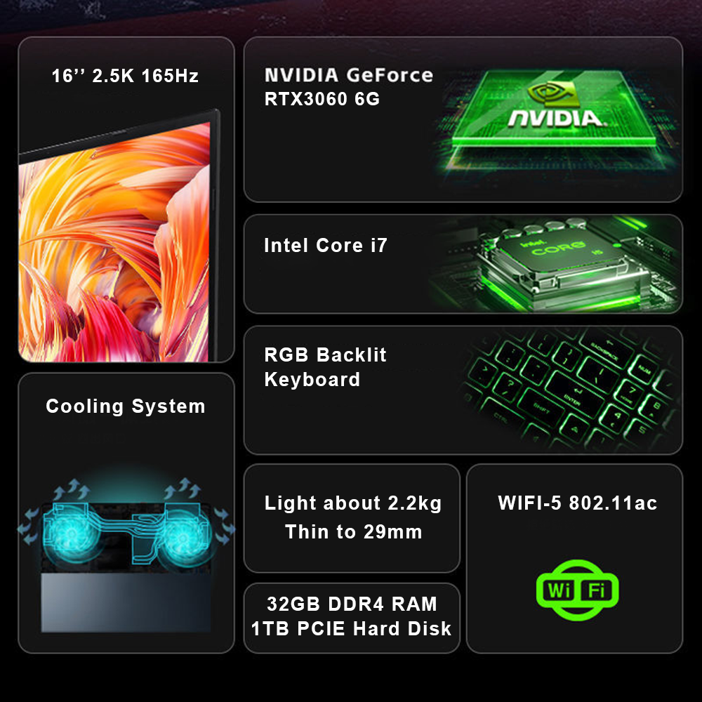 แล็ปท็อปสำหรับเล่นเกมความจุ16นิ้ว2560x1600 IPS I7 12700H NVIDIA RTX 3060 6GB สมุดบันทึกลายนิ้วมือ Windows 11 10 Pro PCIe NVMe