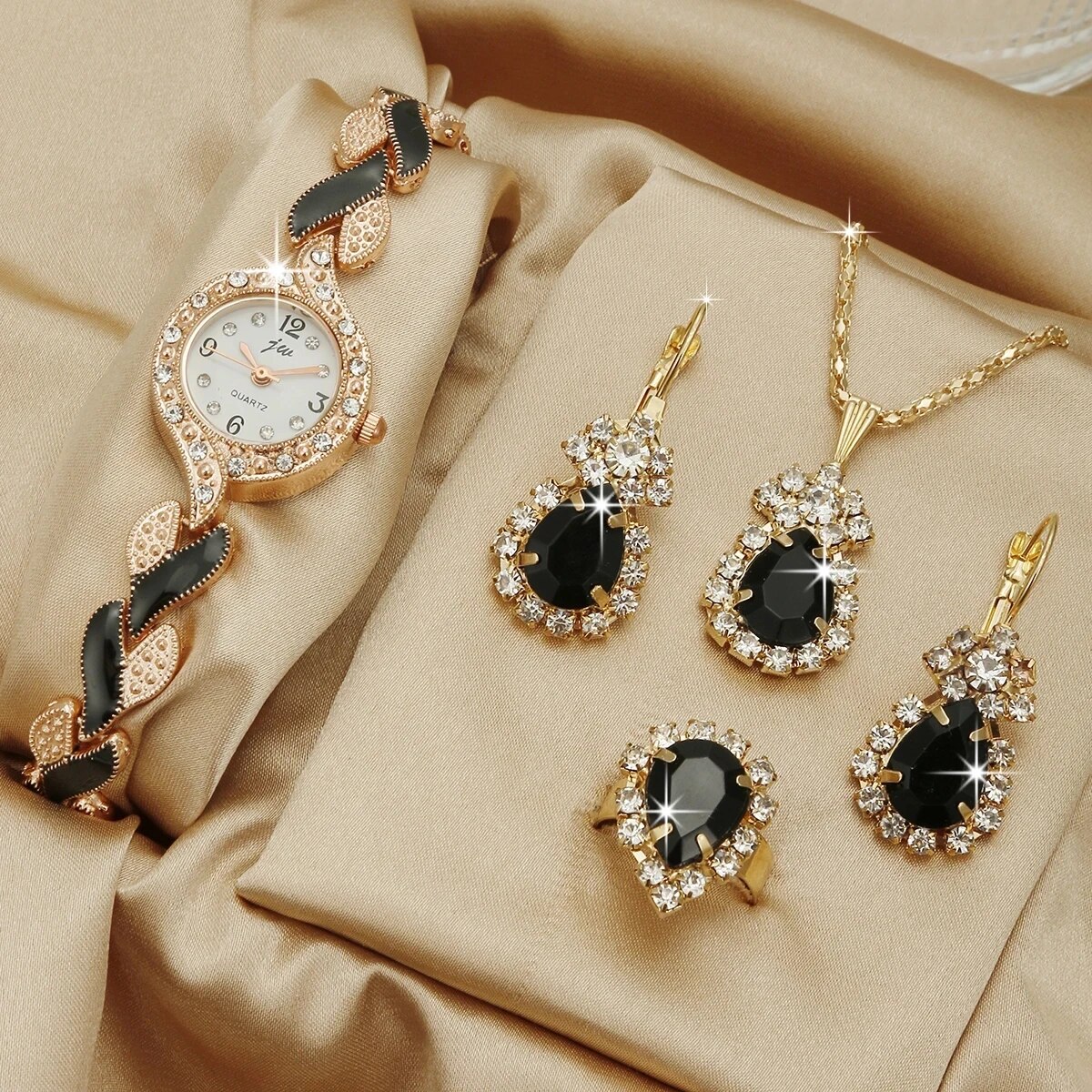 Vrouwen Horloge Hand Sieraden Set Diamant Armband Horloge + Waterdruppel Sieraden Set 5 Stks/set