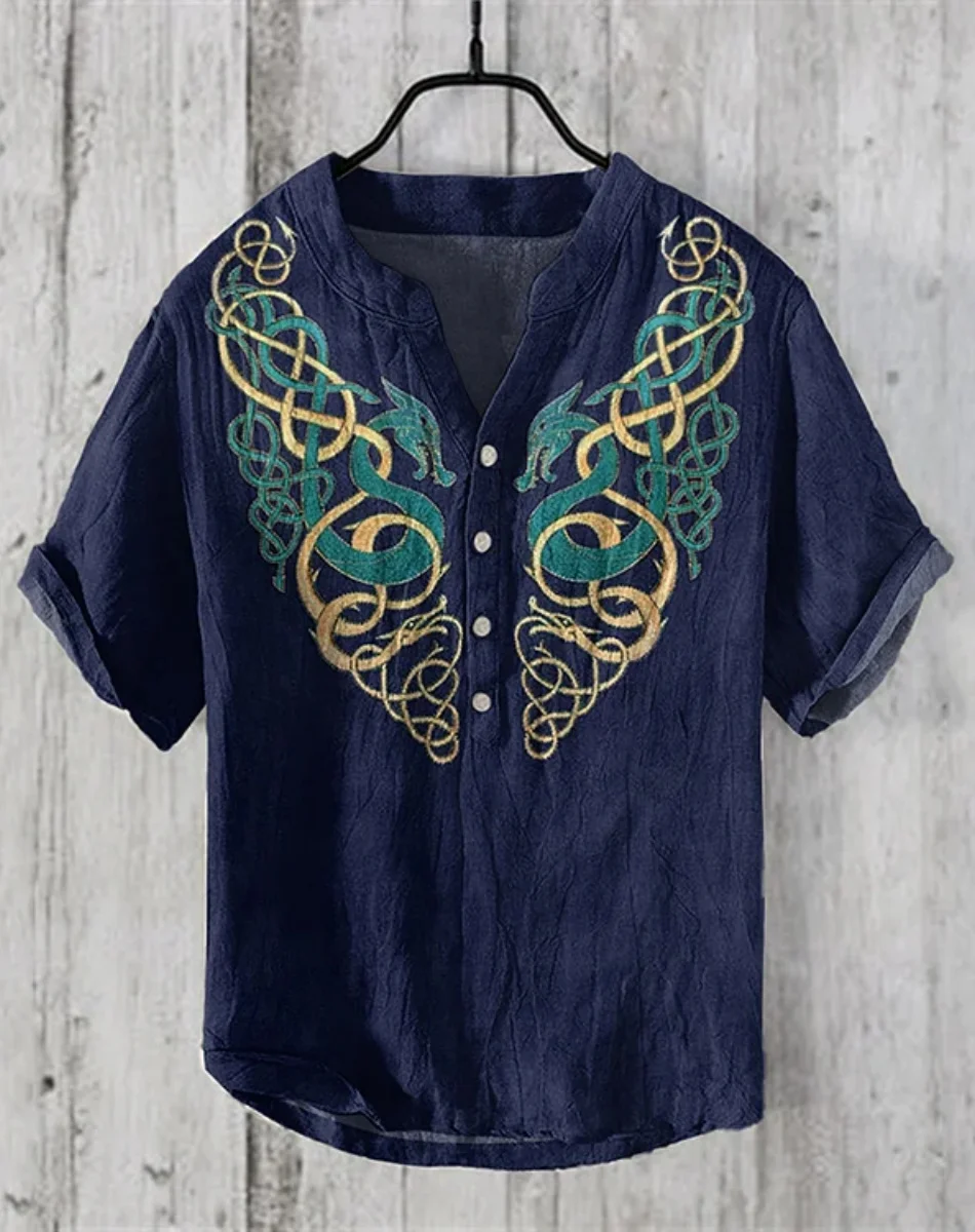 Men's Shirt National Style 3D Printing Viking Men's Fashion Plus Size Button Stand Collar Short Sleeve T-Shirt Men's T-Shirt Top