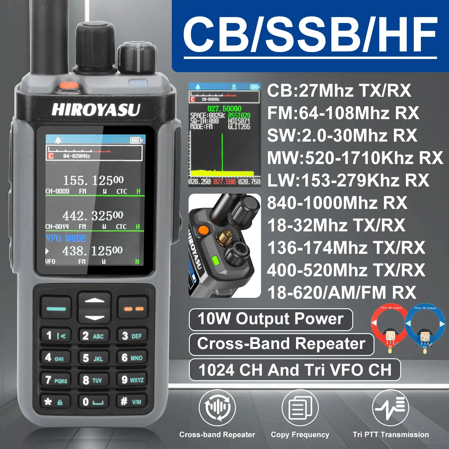 HIROYASU HW-UV938 HF Walkie Talkie SW MW LW 18-620MHz 840-1000MHz banda aérea banda completa repetidor de banda cruzada Scrambler NoAA AM/FM Rx