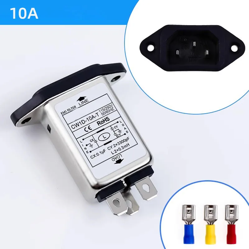Filtro EMI de potencia con enchufe en T IEC CW1D-3/6/10A-T 250V purificador de energía de Audio filtro EMI monofásico antiinterferencias para vehículo