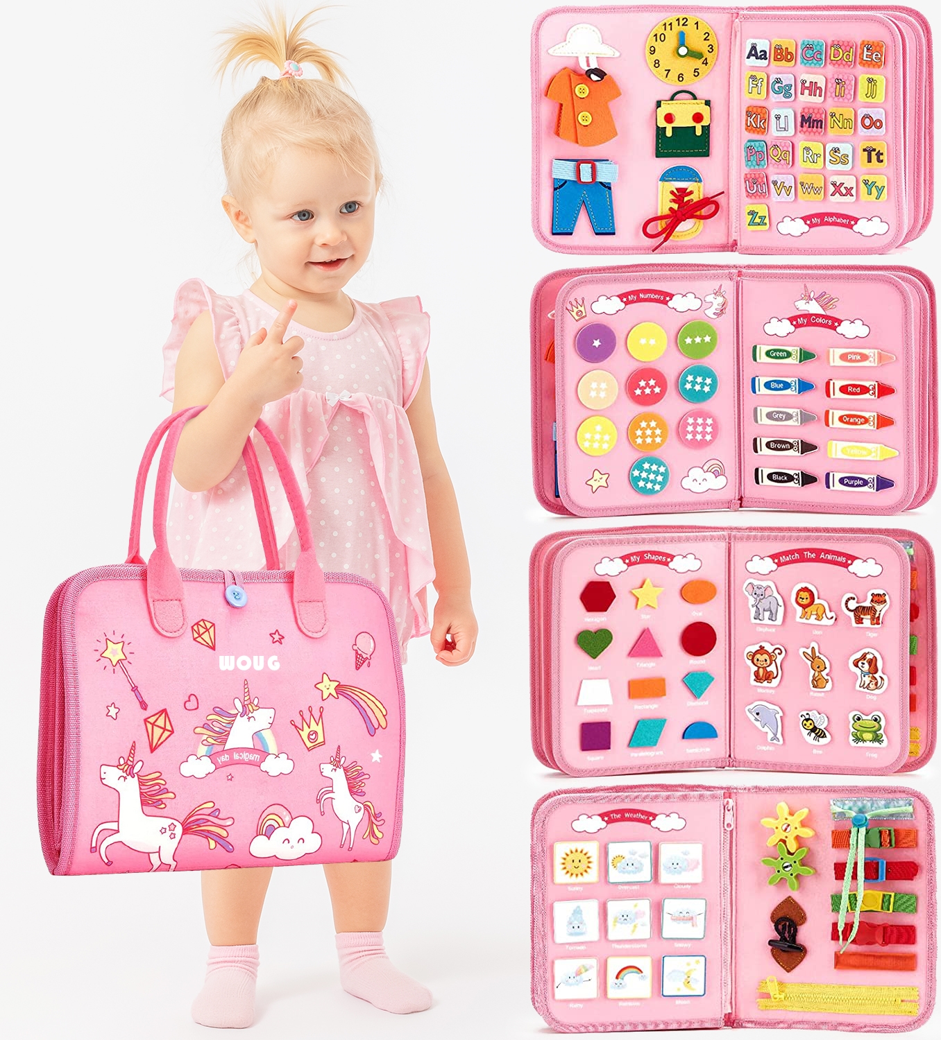 유아 여행 소년을위한 바쁜 보드 소녀 몬테소리 장난감 2 세 이상 유치원 학습 생활 기술, 알파벳, 숫자, 모양