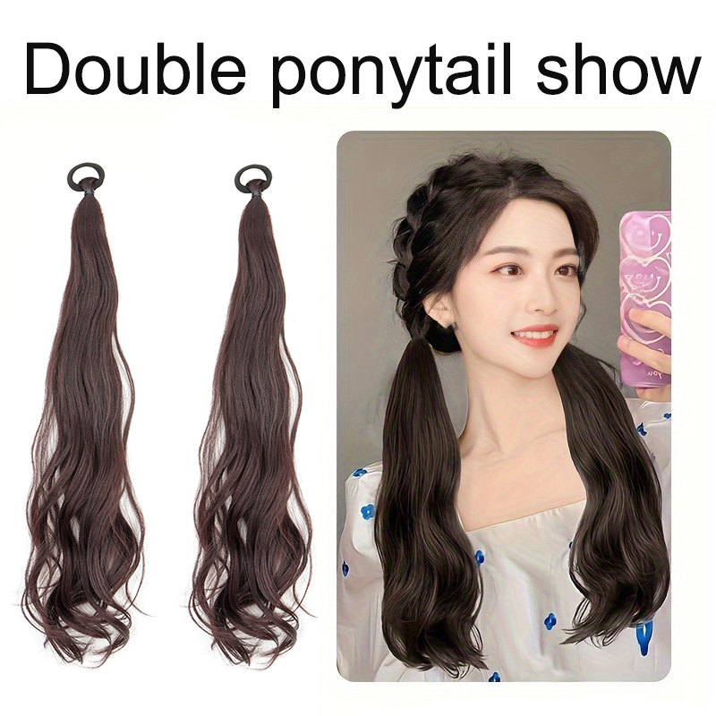 Cola de Caballo con banda de goma elástica sintética, extensión de cabello de cola de caballo rizada larga negra para chica dulce, peluca postizo resistente al calor