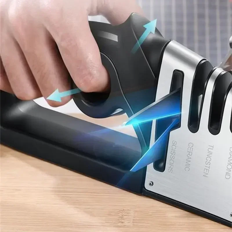 Pengasah pisau multifungsi, aksesoris peralatan dapur pisau Stainless Steel genggam batu pengasah cepat 4in1