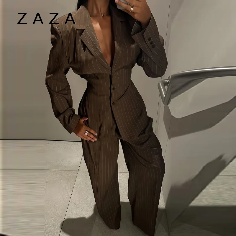 Vintage brauner Streifen-Blazer, Jacke, Hose, Sets, gepolsterte Schulter, schmale Passform, Mantel, hohe Taille, Freizeithose, 2025, neues Herbst-Outfit
