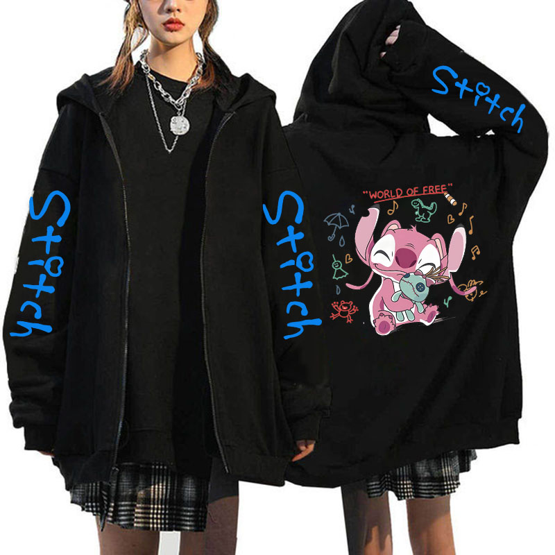 เสื้อกันหนาวขนาดใหญ่เสื้อผ้าผู้หญิงจัดส่งฟรี Disney Lilo & Stitch รูปแบบ Zip-Up Hoodies ฤดูใบไม้ร่วงฤดูหนาวแขนยาว WARM Coat