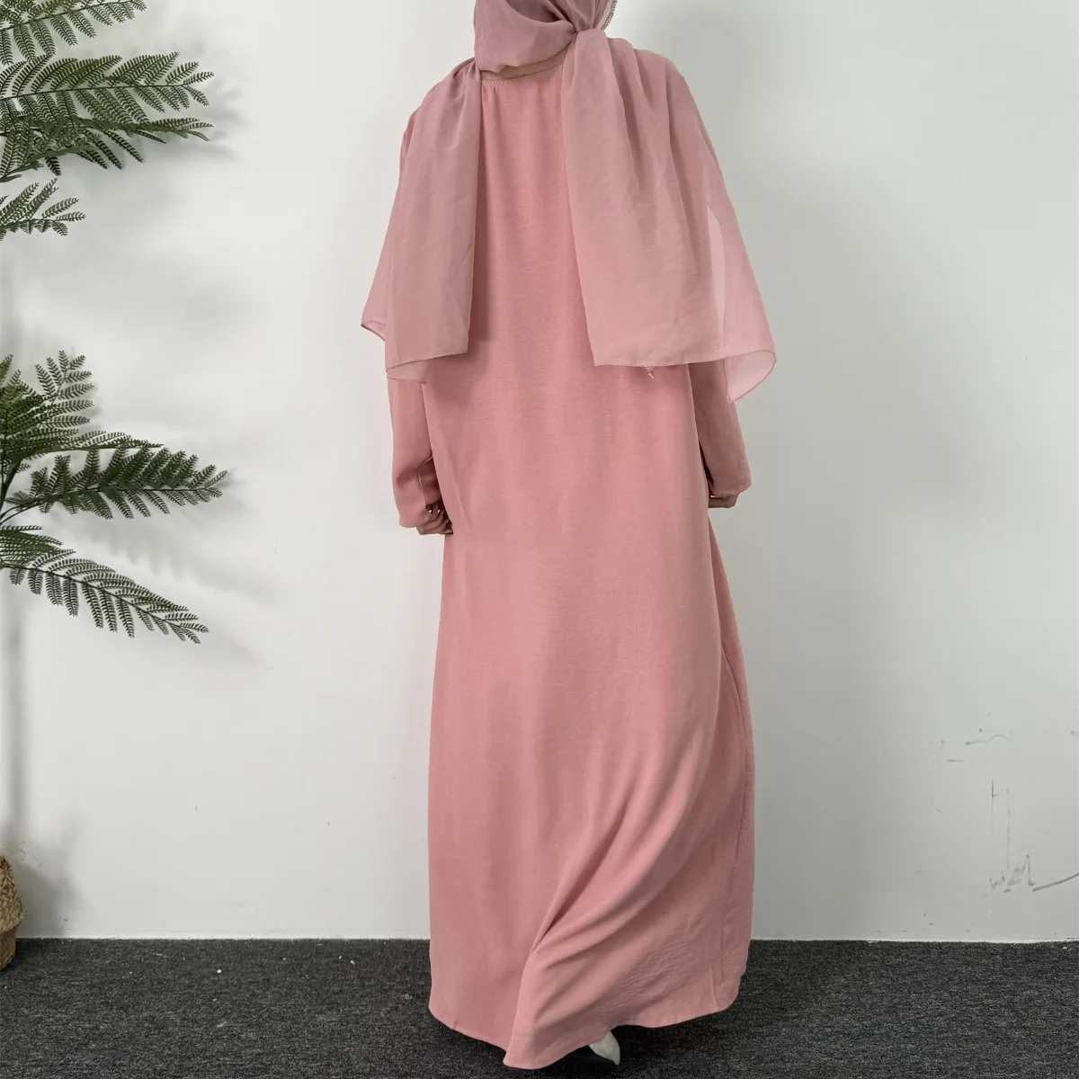 Lange Damenkleider Ramadan-Kaftan mit Rundhalsausschnitt, solides, elegantes, langärmliges muslimisches Abaya-Maxikleid, Damenbekleidung