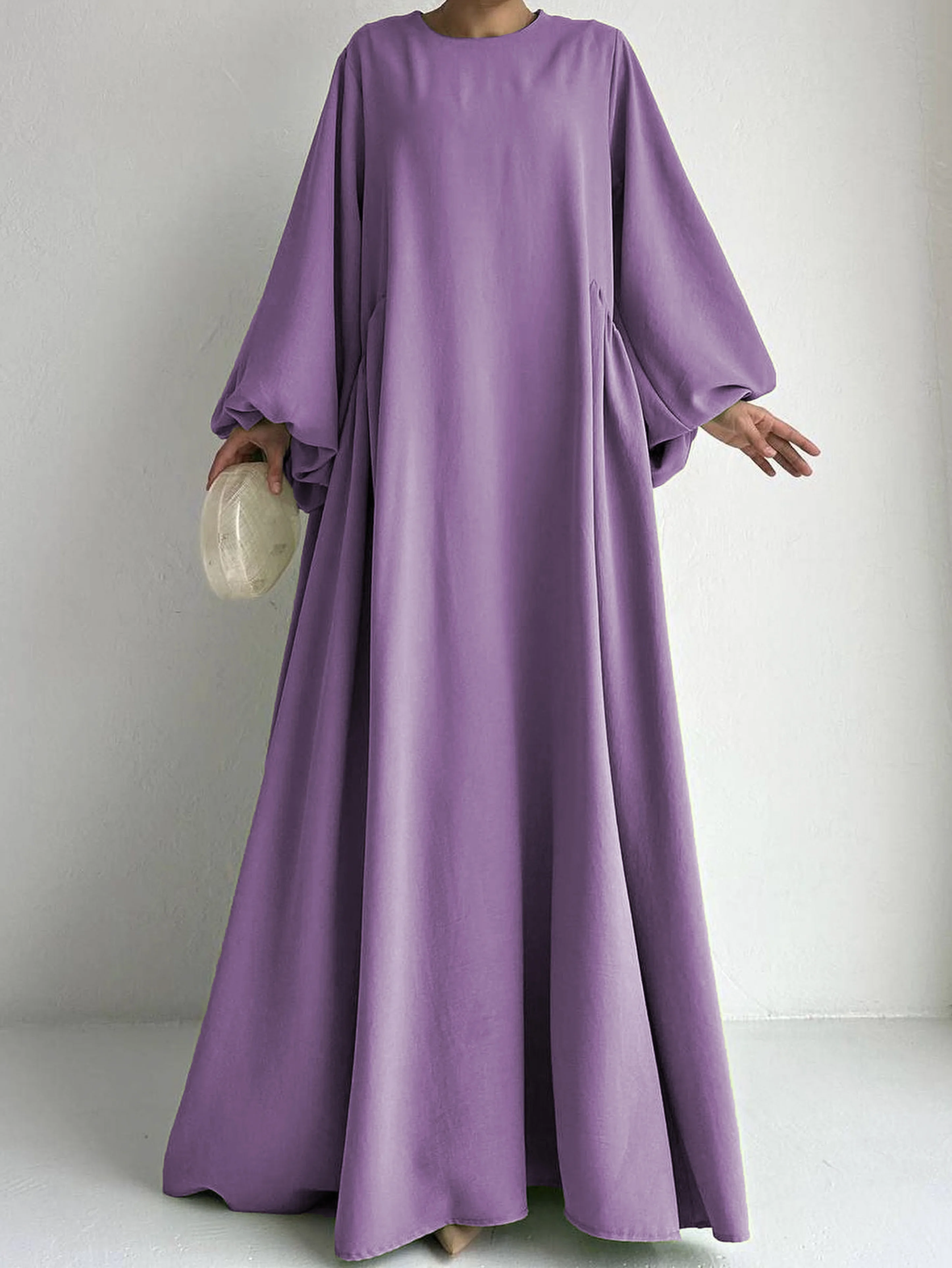 Abaya Ramadan Solid Bishop Sleeve Kebaya Kaftan, vestido elegante de comprimento maxi com gola redonda, Abayas islâmicas para mulheres