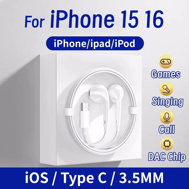 Cuffie cablate di tipo C per Apple iPhone 15 16 14 13 12 11 X XS Pro Max con microfono Auricolari universali Samsung Xiaomi USB-C Telefono