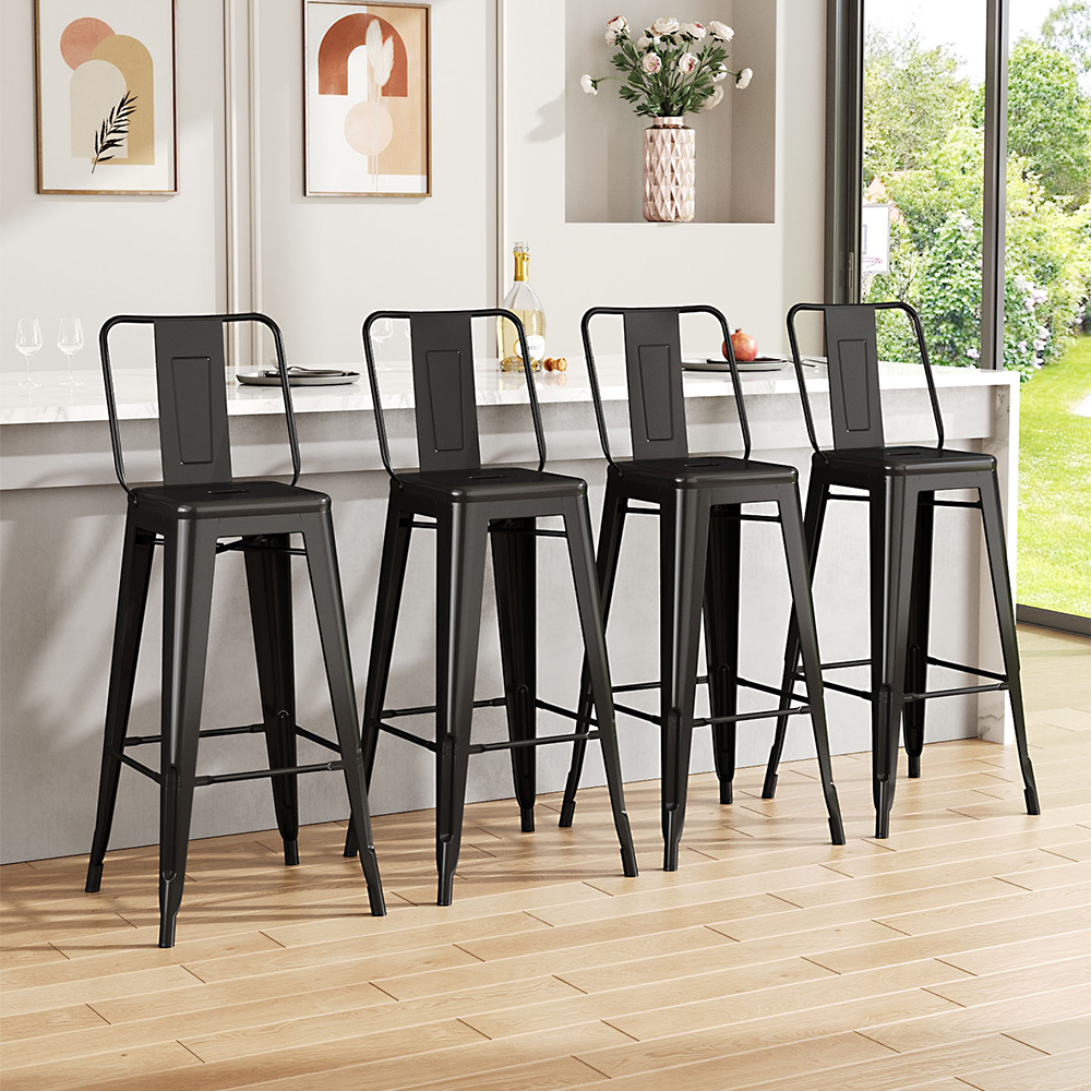 Set of 4 Metal Frame High Bar Stool, Black