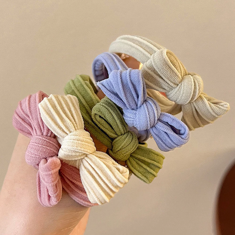 5 unids/set de coleteros con lazo, cuerda para el cabello para niños, Color sólido, sin daños, soporte elástico para cola de caballo, banda de goma, sombreros para niñas pequeñas