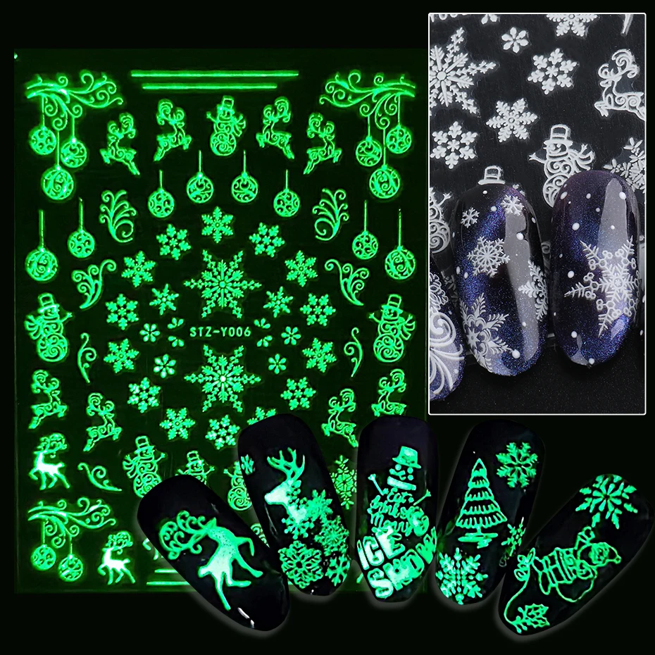 Pegatinas 3D luminosas de Navidad que brillan en la oscuridad, deslizadores de Año Nuevo para vacaciones con copos de nieve de invierno, accesorios artísticos para uñas, calcomanías BESTZY01-18
