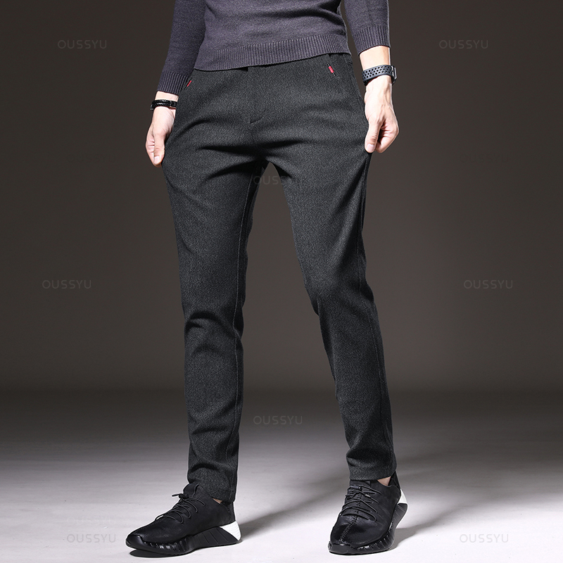 Inverno velo quente masculino tecido escovado calças casuais moda de negócios fino ajuste estiramento grosso veludo algodão masculino 28-38