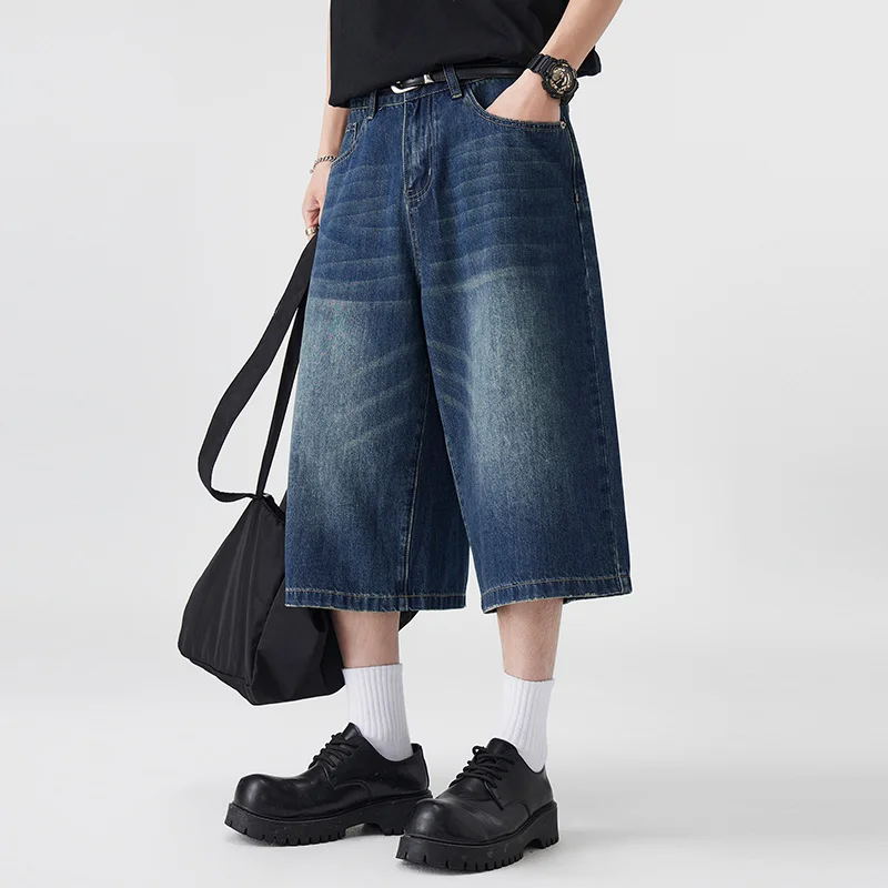 Pantalones cortos de mezclilla no elásticos Seven-Five para hombre, pantalones cortos informales de estilo simple y versátiles con ajuste de pierna ancha y suelto