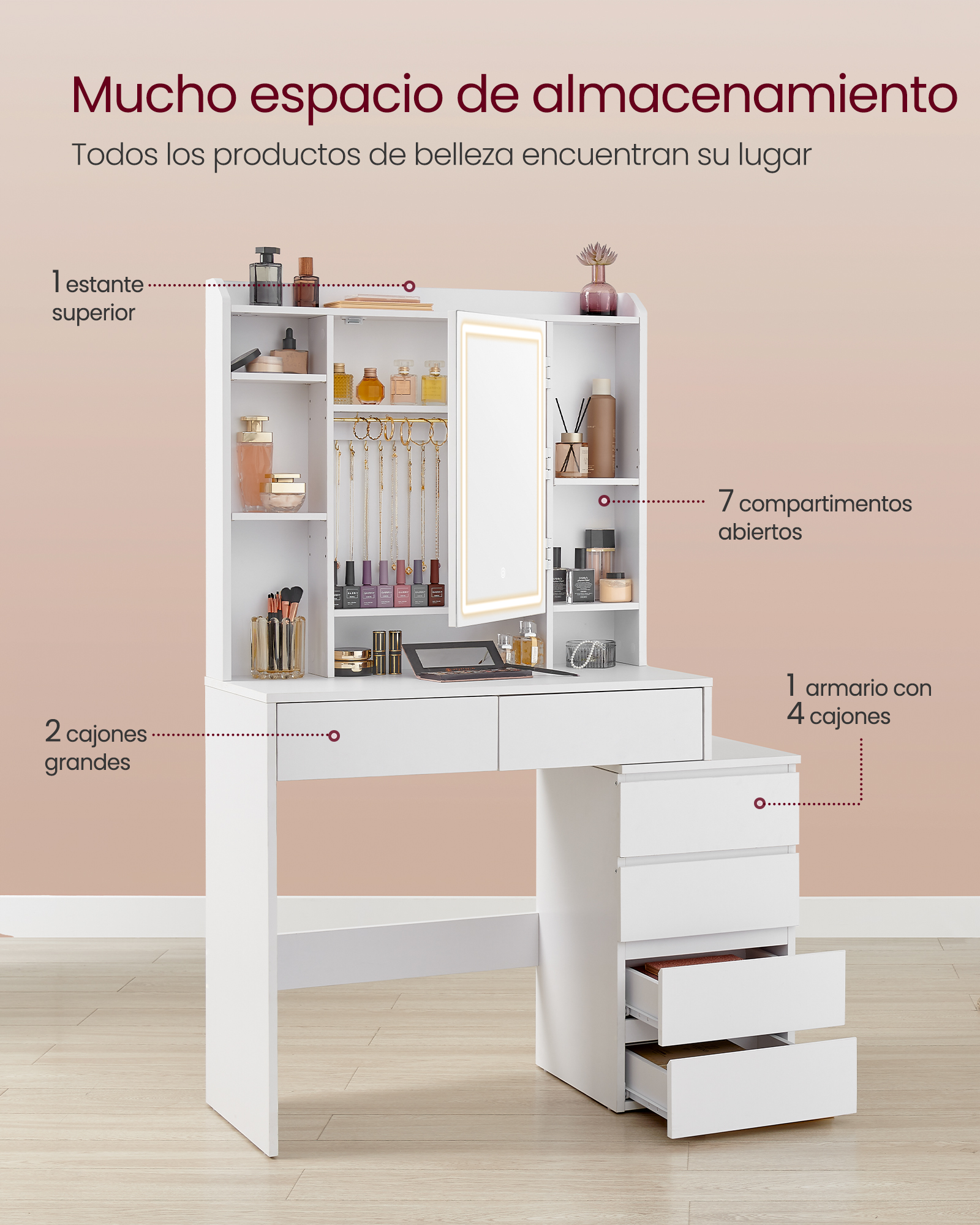 VASAGLE Makeup Vanity with Adjustable Brightness LED Lights, Mirror, Open Compartments, Adjustable Shelves, Modern White Cloud