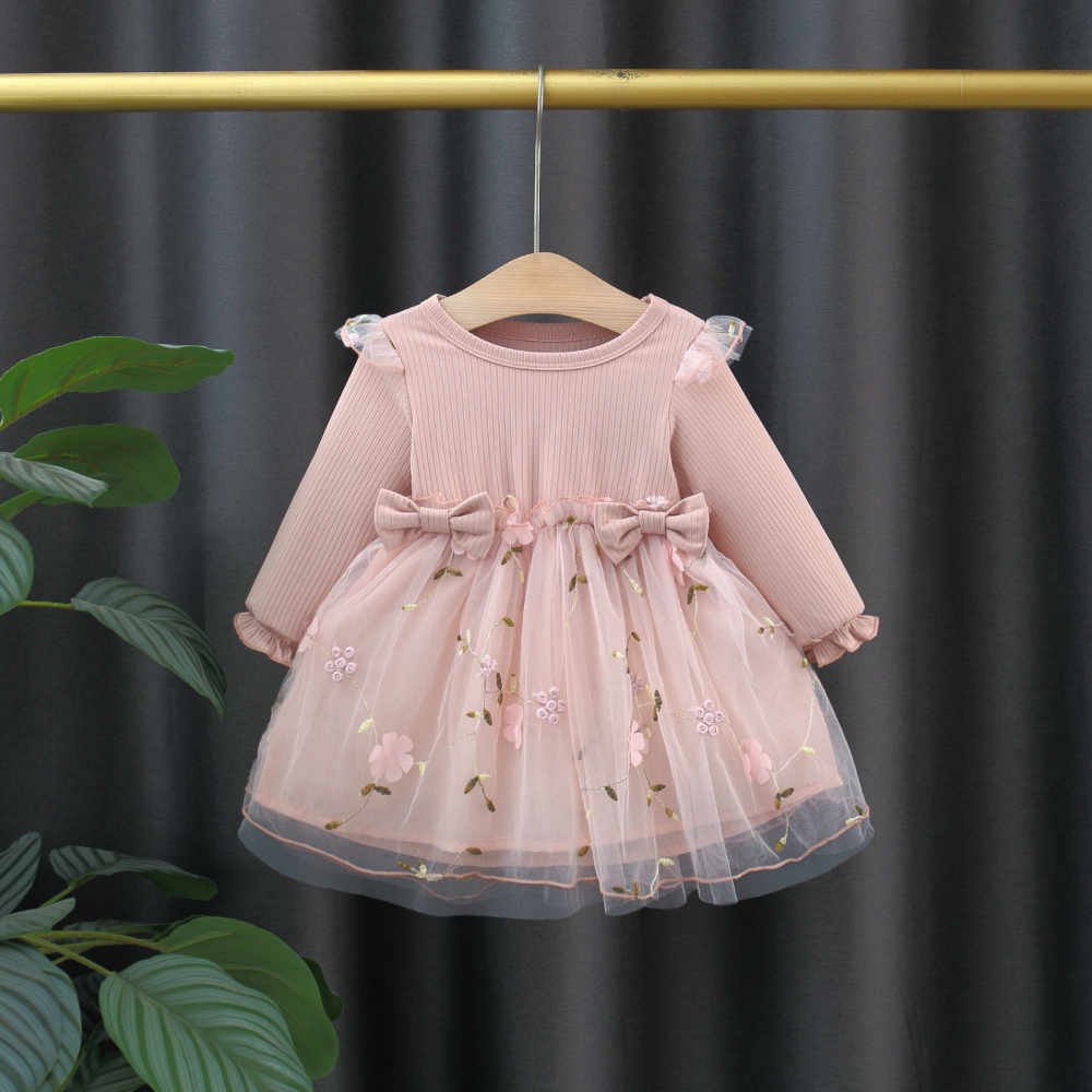 Neues süßes langärmliges Mädchen kleid Frühling und Herbst Baby einfarbiges Oberteil, das zwei Bogen blumen netz kleid spleißt