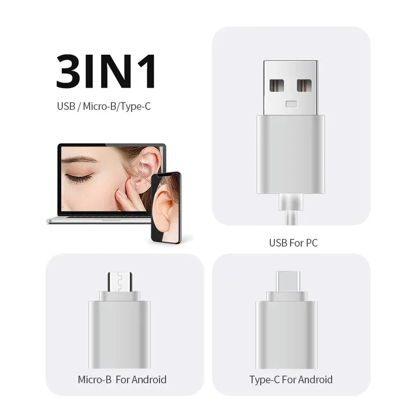 ミニHDビジュアルイヤー,3 in 1,USB,耳垢の除去,カメラ,PC, Android, 5.5mm
