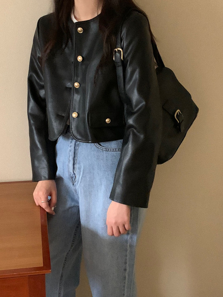 韓国スタイル黒ジャケット女性の新ファッションヴィンテージシングルブレストレザージャケット女性ストリート O ネックショートジャケット