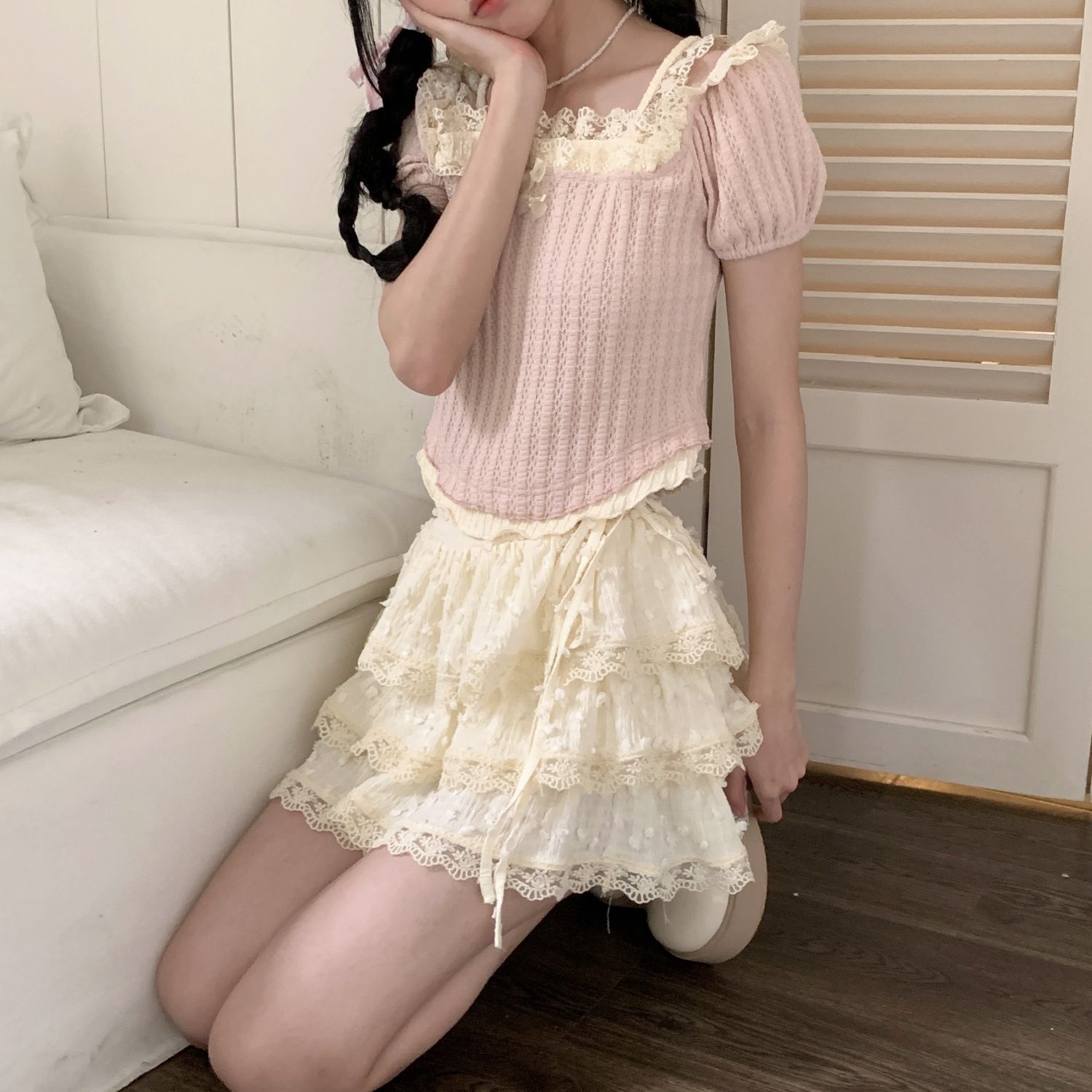 Mini Röcke Frauen Süße Kawaii Spitze Rüschen Patchwork Y2k Beige Japanischen Lolita Streetwear Alle-spiel Party Studenten Sommer chic