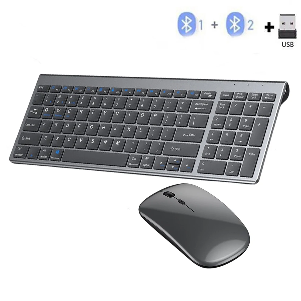 Graue Bluetooth 5.0 und 2,4 G kabellose Tastatur-Maus-Kombination, wiederaufladbare kabellose Tastatur in voller Größe für Notebook-Laptops