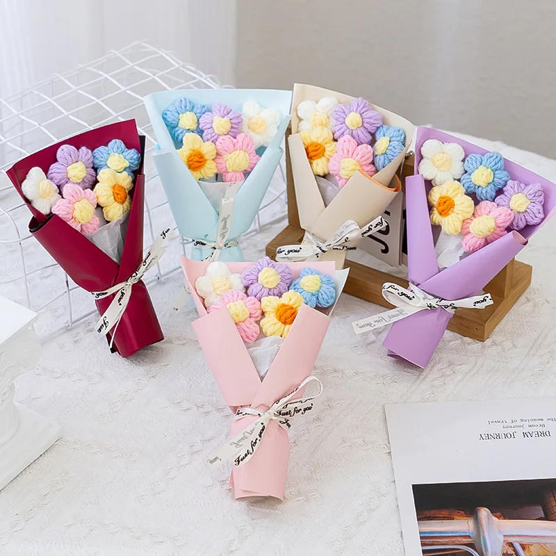 Mini bouquet di fiori creativi lavorati a maglia, bouquet di fiori di lana, decorazione floreale