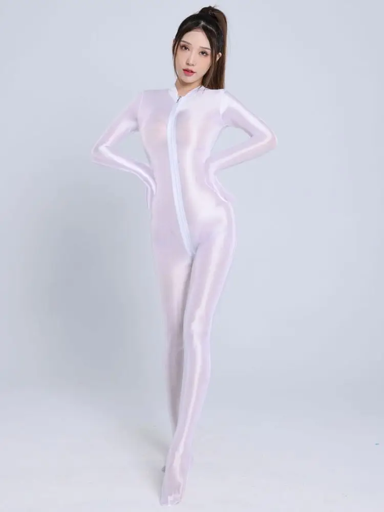 Glossy Shiny Pantyhose Separate Finger Bodystocking Double Zipper Open Crotch Bodysuit Tight Sexy Transparent Conjoined Jumpsuit