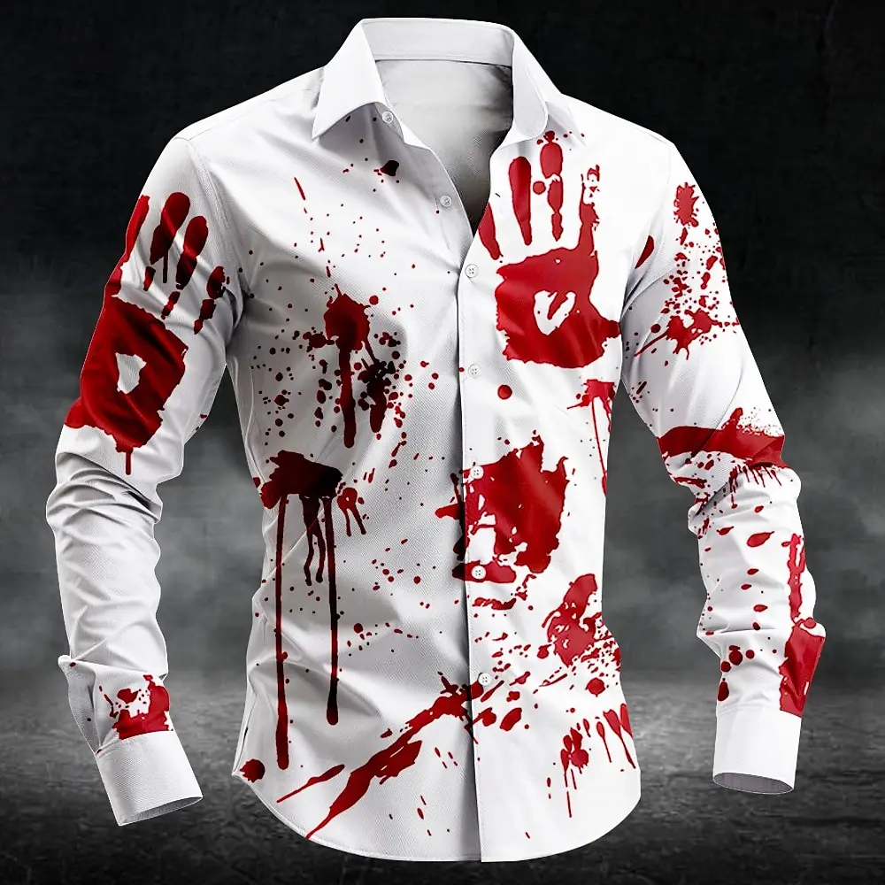 2025 Camicia da uomo con lettere stampate con macchie di sangue di Halloween Camicia con bottoni Manica lunga Stile punk gotico scuro Streetwear Top da uomo