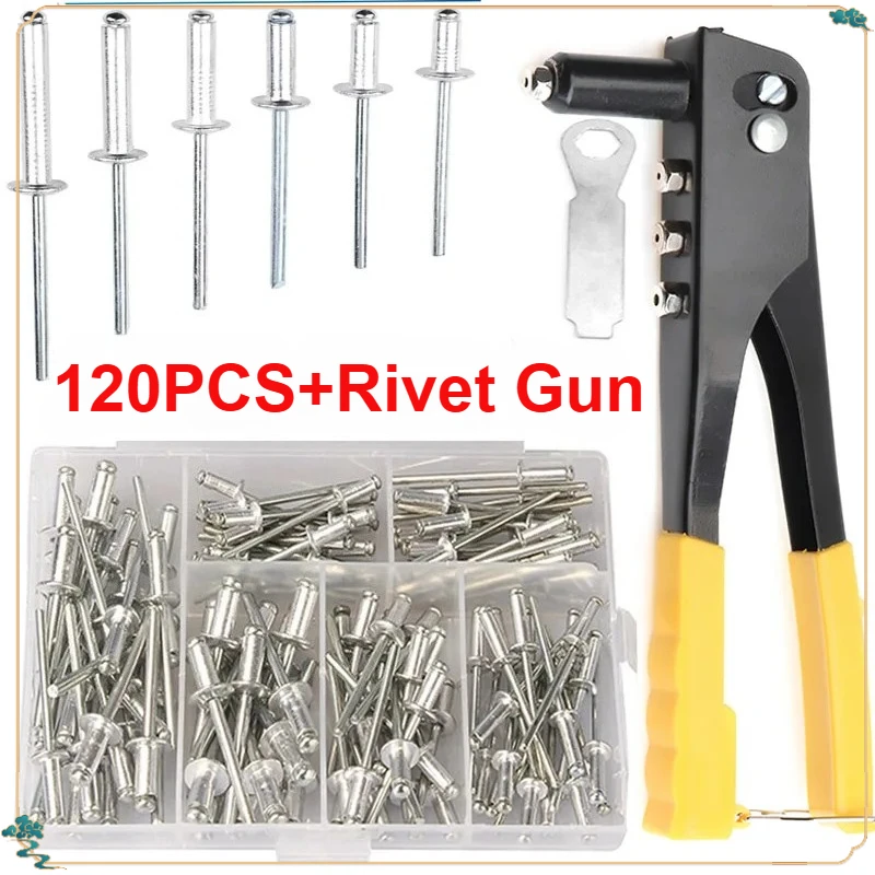 Conjunto de rebitador resistente pop arma rebite e 120 pçs kit variedade rebites cegos ferramentas manuais ferramenta porca rebite