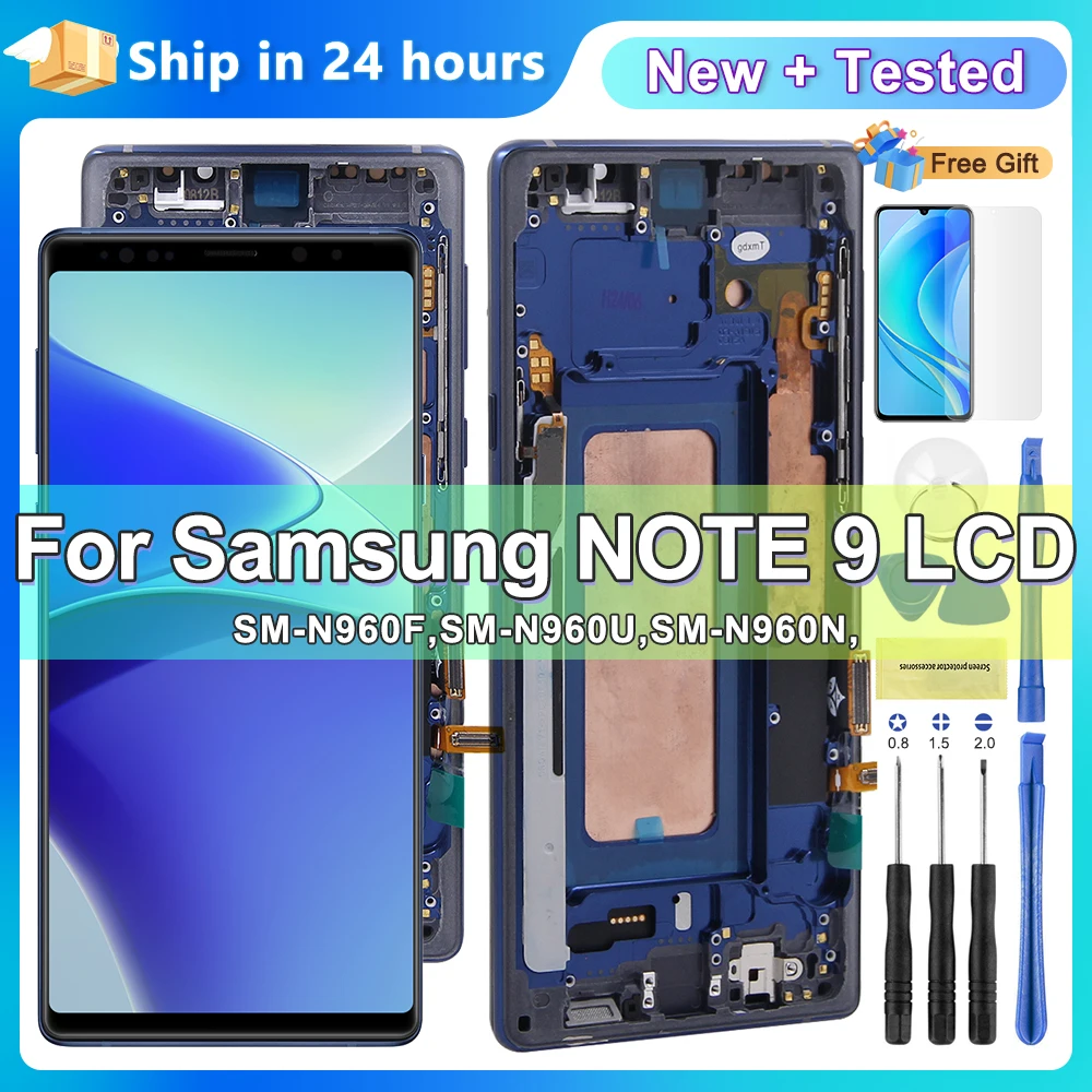 Piezas de reparación del digitalizador de pantalla táctil LCD Note 9 para pantalla Samsung Note 9 con marco N960F N960D/S reemplazo 100% probado