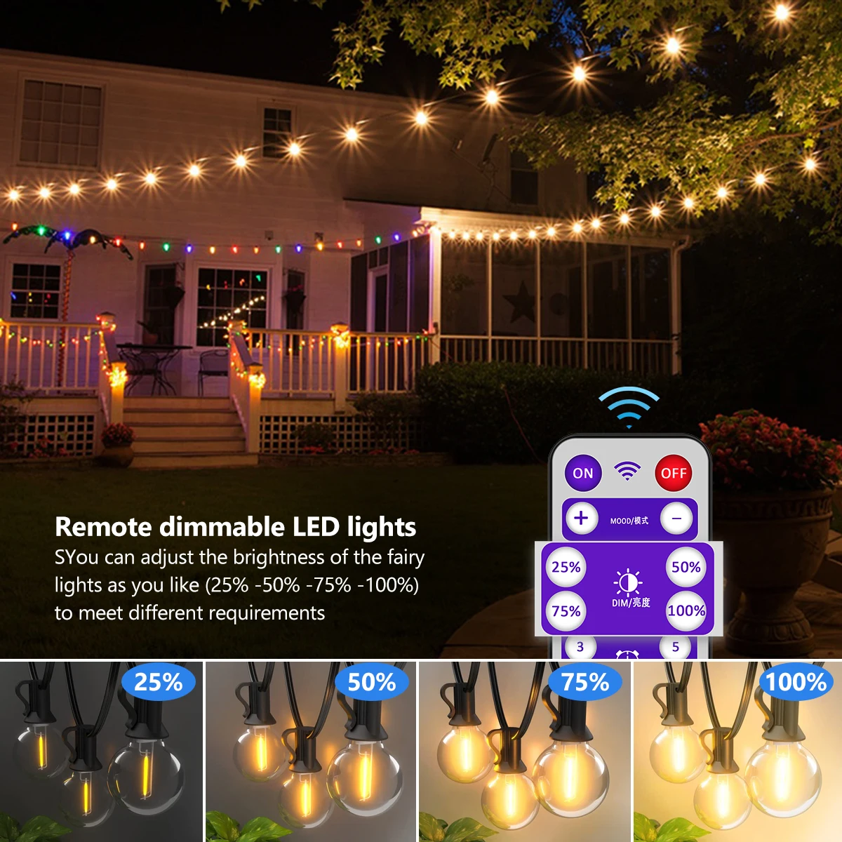 Mexllex 15,5 M G40 luces de cadena solares al aire libre, 8 modos de luz, globo Patio bombillas de plástico impermeables para balcón guirnalda boda