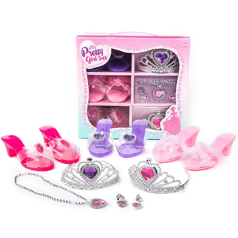 Vestido de princesa para niñas, juego de simulación, joyería, juguetes, conjunto de zapatos de princesa de cristal, corona, pulsera, collares, juego de rol para niños